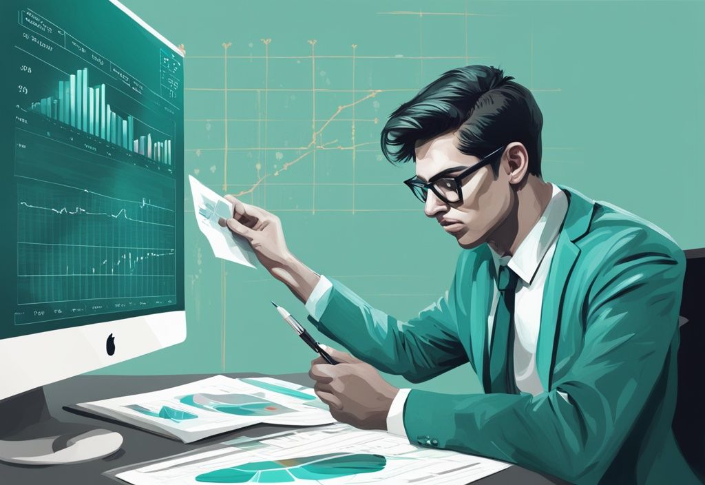 Moderne digitale Illustration eines jungen Profis, der ein detailliertes Finanzdiagramm mit einer auffälligen $4000-Marke und verschiedenen Kreditoptionen analysiert; Keyword: wie viel Kredit bei 4000 netto.