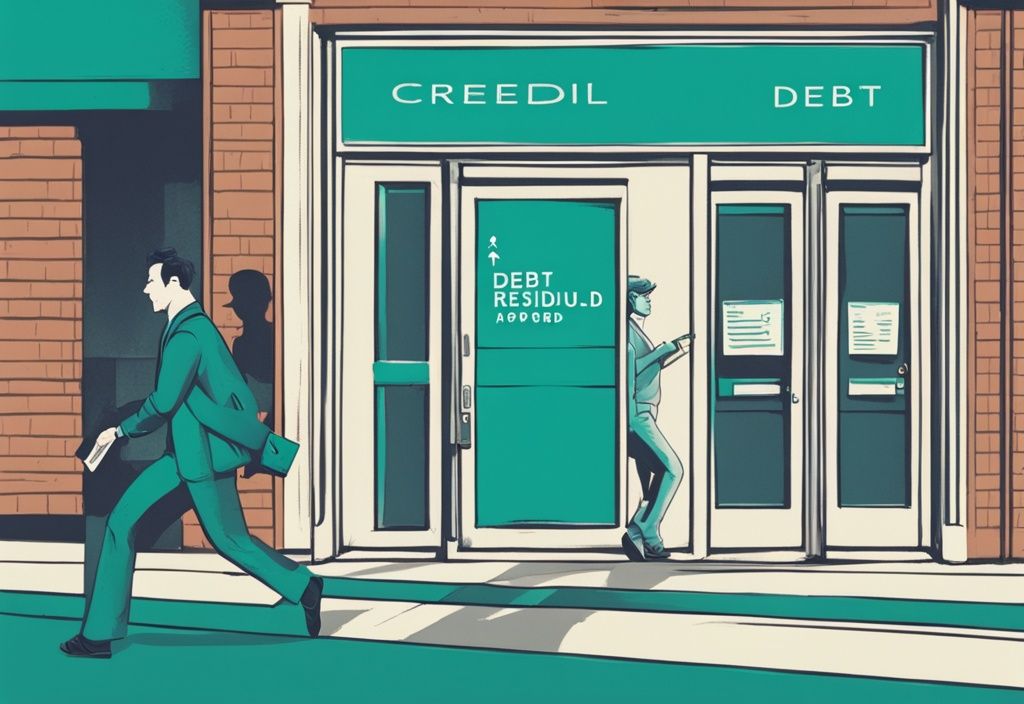 Moderne digitale Illustration in Teal-Farbtönen zeigt eine Person, die glücklich aus einer Bank mit einem genehmigten Kreditdokument herauskommt, während sich eine Tür mit der Aufschrift 'Restschuldbefreiung' hinter ihr schließt. Keyword: welche Bank gibt Kredit nach Restschuldbefreiung.