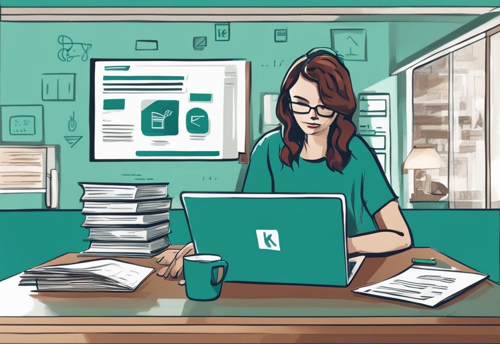 Moderne digitale Illustration in Teal: Person studiert ein Dokument mit der Aufschrift "KfW Kredit," Laptop zeigt die KfW Bank-Website, Symbole für Haus und Bildung im Hintergrund. Keyword: was ist ein KfW Kredit.