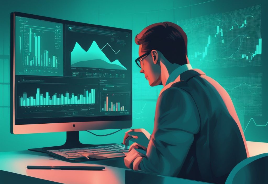 Moderne digitale Illustration einer Person, die Finanzdiagramme und -daten auf einem Computerbildschirm analysiert, mit einem hervorgehobenen Abschnitt zu Krediten auf Wertpapiere, Hauptfarbthema: Türkis.