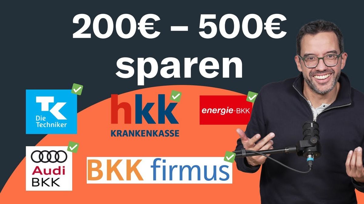 Thumbnail image for the video "Zu welcher Krankenkasse 2025 wechseln? Beste & günstigste GKV" from the channel Finanztip, featuring a person holding a health insurance card with a thoughtful expression, surrounded by icons representing various health insurance options and costs.