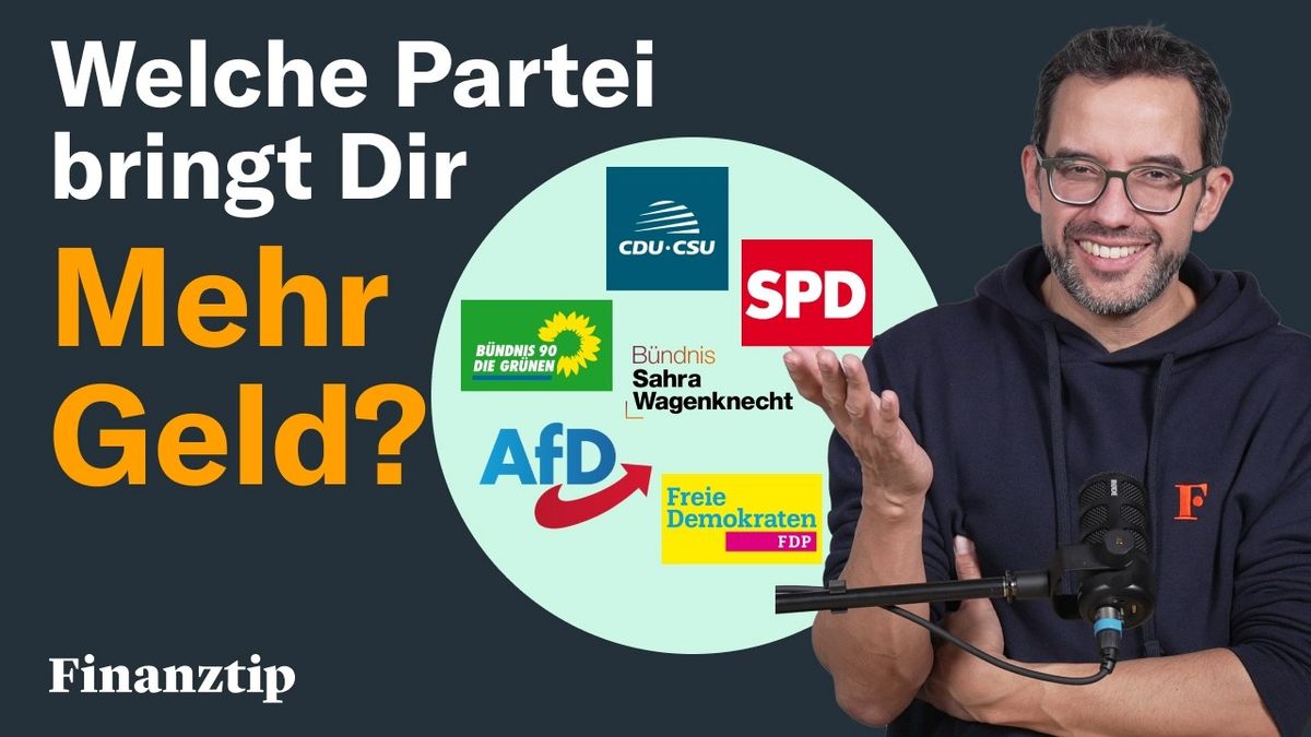 Vorschaubild des Videos "Das versprechen die Parteien für Dein Geld | Wahl 2025" vom Kanal Finanztip: Eine Collage aus Porträts von Politikern verschiedener Parteien vor einem Hintergrund mit Geldscheinen und Wahlurnen.