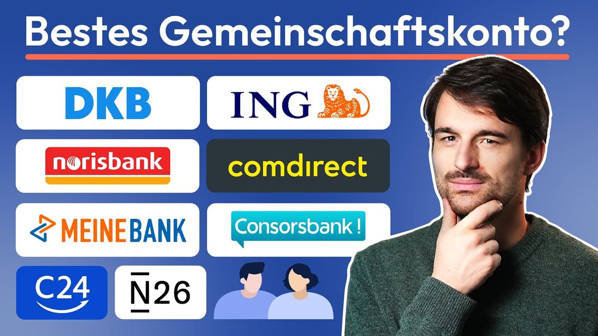 Thumbnail des Videos "Gemeinschaftskonto Vergleich: Die besten Konten für Paare, WGs und mehr! | Bestes Partnerkonto 2025" vom Kanal Finanzfluss. Im Bild sind zwei Personen, die gemeinsam auf ein Tablet schauen, auf dem eine Banking-App geöffnet ist. Im Hintergrund sind Symbole für Geld und Konten sichtbar.