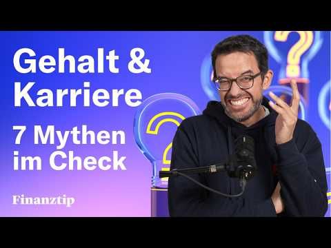 Vorschaubild des Videos "Was bringt wirklich mehr für Gehalt & Karriere? 7 Mythen im Check" vom Kanal Finanztip, zeigt eine Person in Businesskleidung, die nachdenklich schaut, umgeben von Symbolen für Karriere und Geld, wie ein Diagramm und Geldscheine.