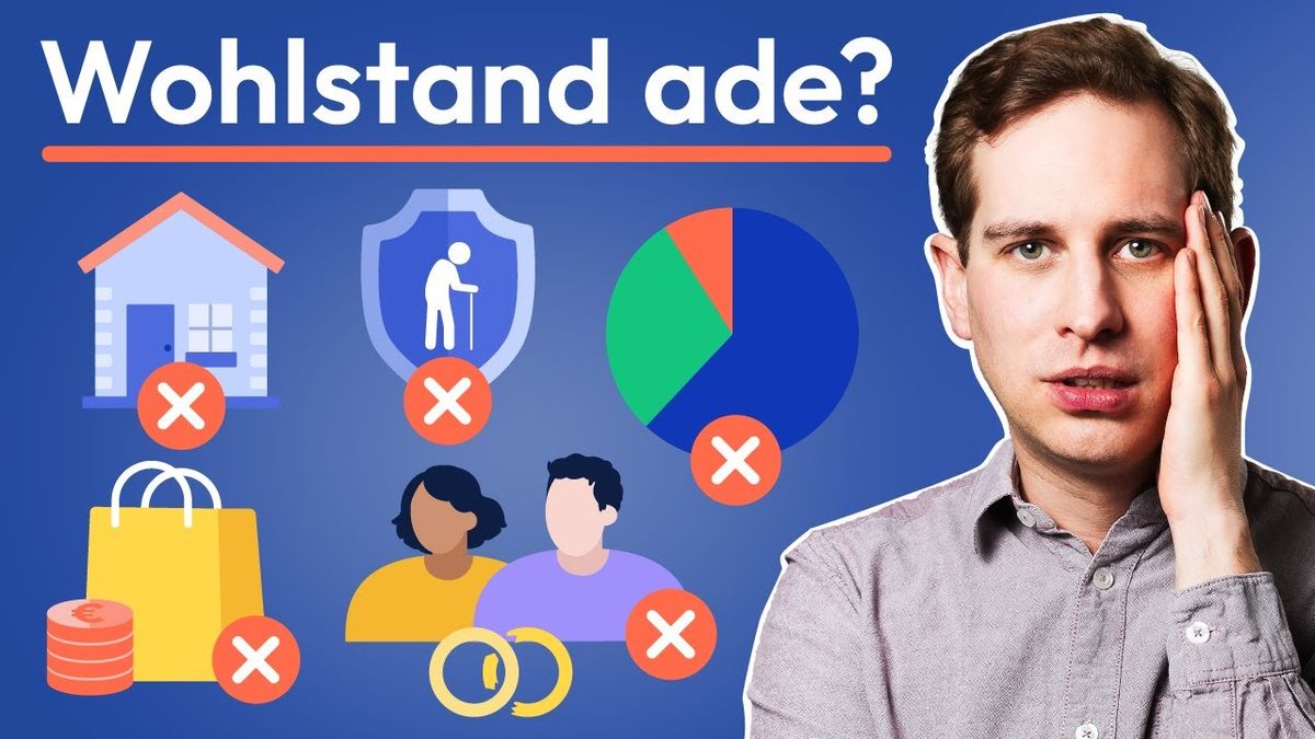 Ein Mann in einem Büro sitzt nachdenklich vor einem Laptop, umgeben von Finanzdokumenten und Diagrammen. Im Hintergrund sind Bücherregale mit Finanzliteratur zu sehen. Der Titel des Videos "5 häufige Wohlstandskiller, die du unbedingt vermeiden solltest!" ist in großen Buchstaben eingeblendet.